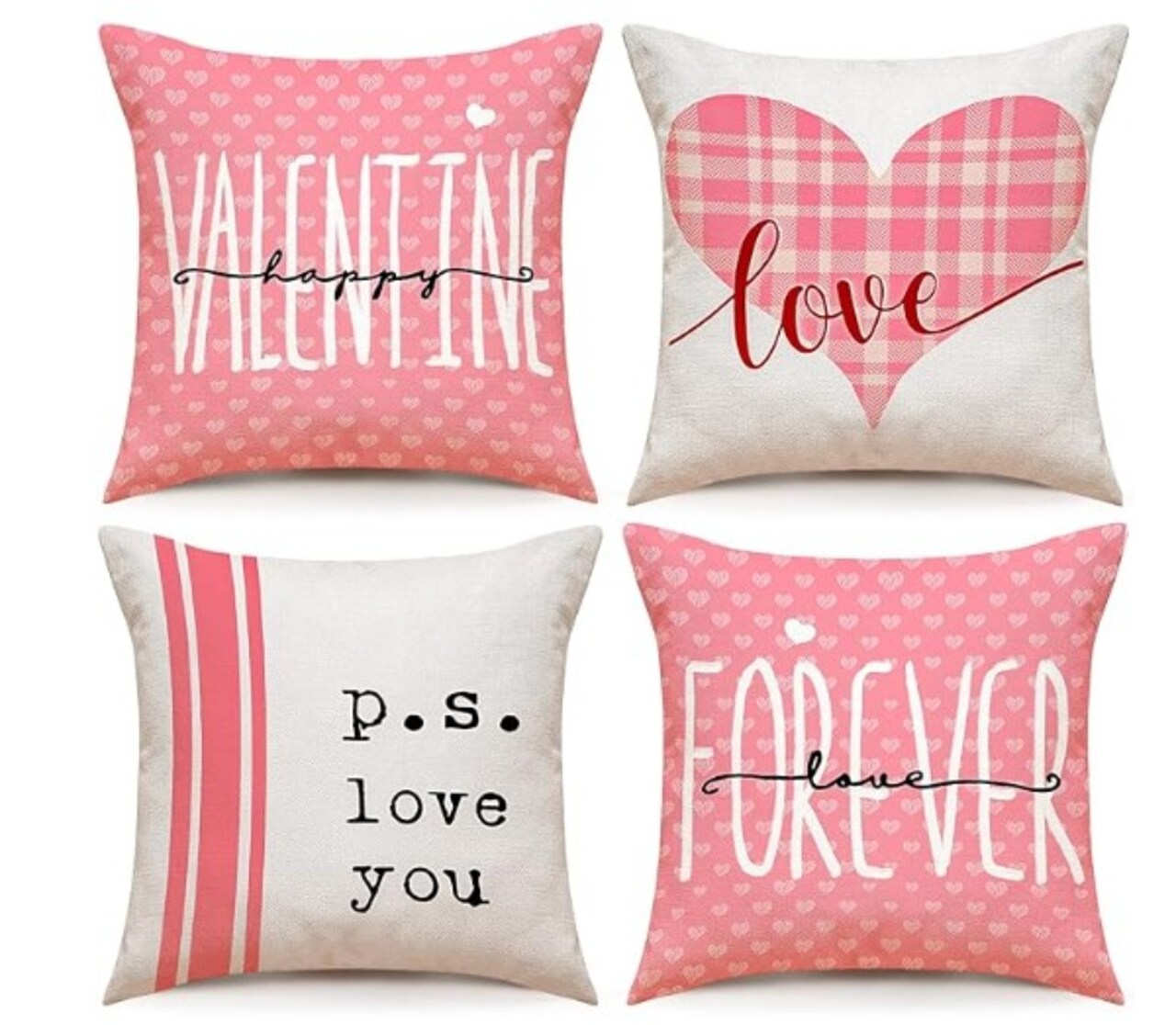 Valentines Pillow Covers 18x18 inch Set of 4, Pink Valentine's Day Pillow Covers with Love Heart Stripes p.s. Love You - Cute Throw Pillows Case for Couch Sofa, Home Office Valentine Decorations